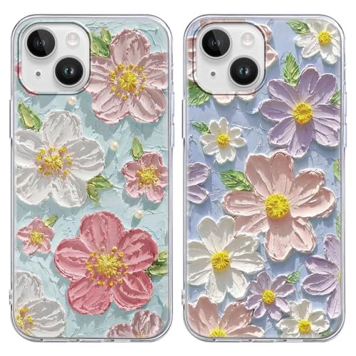 Yoedge 2 × Trasparente Cover per iPhone 14 Plus 6,7' - Custodia Fiori Disegni Fiore Olio per Telefono in con Aesthetic Motivi Design, Custodie per Cellulare in Silicone TPU per iPhone 14 Plus Case