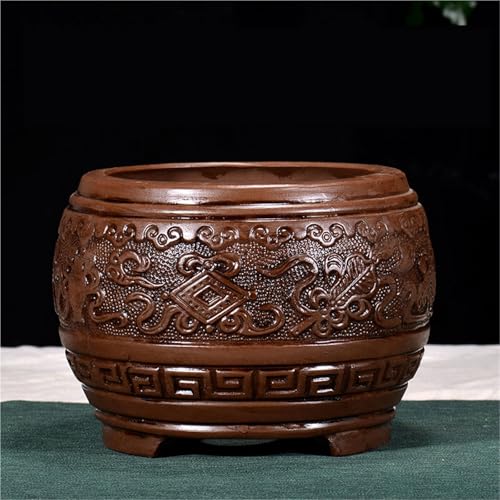 Maceta china de estilo antiguo, jardinera redonda de cerámica marrón, maceta decorativa para bonsái, suculentas y decoración asiática para interior y exterior.