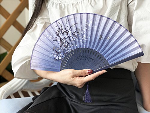 Omytea® "Grassflowers 8.27"(21Cm) Hand Held Folding Fans - With A Fabric Sleeve For Protection For Gifts - Chinese/Japanese Vintage Retro Style (Blue) #TOP4