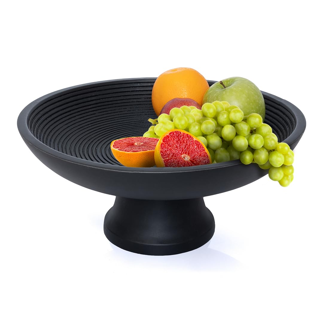 Folkulture Wooden Fruit Bowl for Kitchen Counter | 12" Large Premium Eco Friendly Banana Fruit Basket for Kitchen | Black Wood Bowl with Holder, Pedestal for Table Decor, Centerpiece for Dining Table
