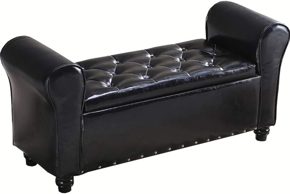 Grand espace de rangement pour ce pouf coffre banquette noir rembourré en éponge confortable