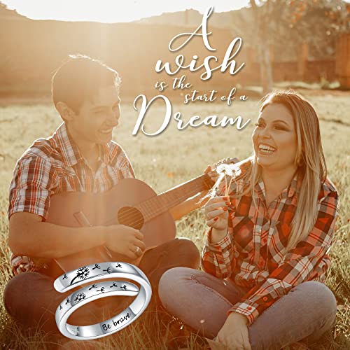 925-Sterling-Silver Adjustable Dandelion Rings for Women - Engraved Be Brave and Dancing Dandelion,White Gold Plated,Encouragement Christmas Jewelry Gifts