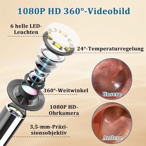 Ohrenschmalz Entferner Otoskop, LMECHN 1080P HD ohrenreiniger, Ohrreiniger mit 6 LEDs, Reinigung für iPhone, Android, iPad, Schwarz