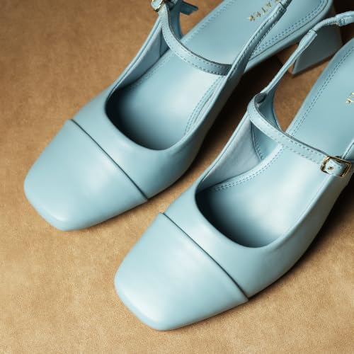 Image of Theater Women Twiggy Mary Jane Block Heel Sandals with Square Toe and Adjustable Buckle Slingback | Cushioned Comfort for Office & Formal Wear