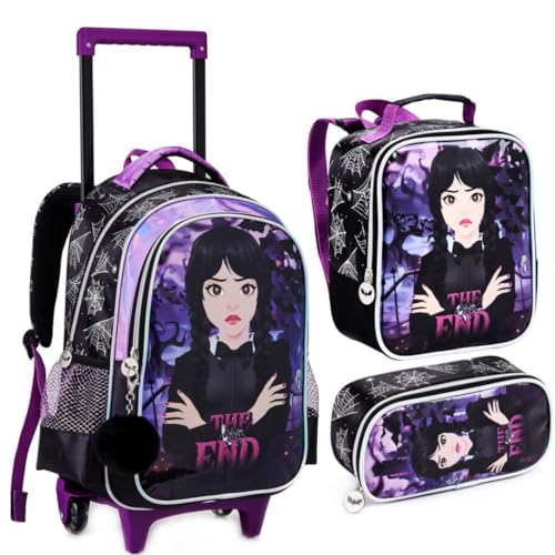 Kit Escolar Wandinha: Mochila de Rodinha, Lancheira Térmica e Estojo - Entrega Imediata