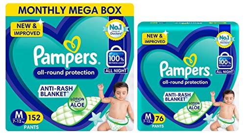 Image of Pampers Unisex New Diapers Pants Monthly Box Pack, Medium (152 Count) & Pampers New Diapers Pants, Medium (76 Count)
