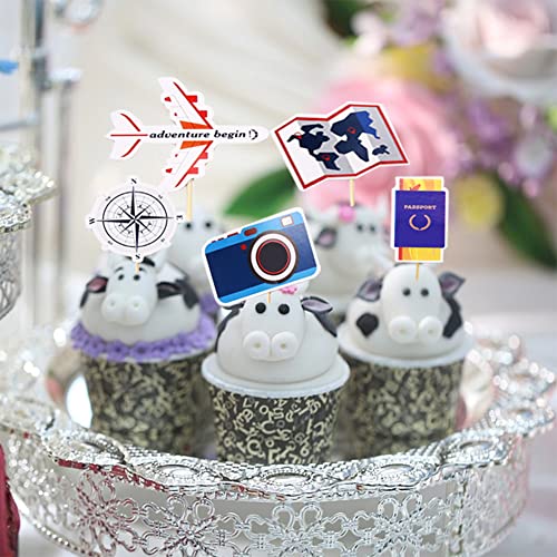 24 Pcs Travel Themed Cupcake Toppers Set - Airplane Cupcake Toppers Map Camera Cake Topper For Adventure Awaits Travel Themed Graduation Baby Shower Retirement Party Decorations #TOP4