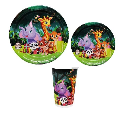Party Owl Virgin Food Grade Quality Paper 350 GSM Theme Birthday Party Paper Disposable Plates & Cups Combo Sets for Girls & Boys (Jungle, Small Pack -10 Guest)