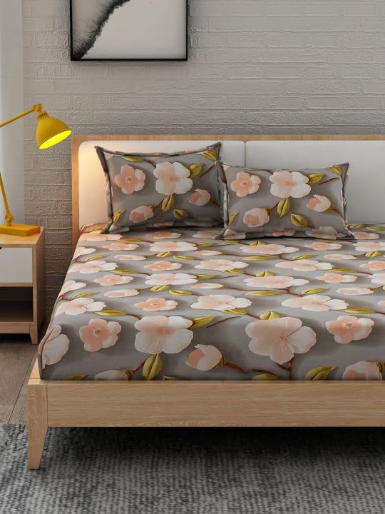 Image of 350 TC Premium Heavy Cotton Feel Elastic Fitted Bedsheet King Size with 2 Pillow Covers || Double Bed with All Around Elastic (Grey Peach7D, Fitted - 72 inchx78 inch King)