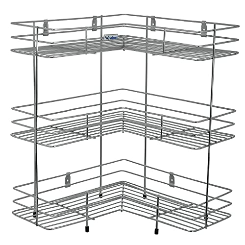 Image of Heavy Duty 3-Tier Stainless Steel Kitchen Corner Rack | L Shaped Platform Organizer Stand for Jars, Containers & Dishes | Rust Proof Countertop & Wall Mounted Shelf