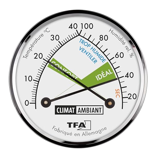 TFA Dostmann Thermomètre-Hygromètre analogique en français, 45.2024.FR, mesure de la température et de l'humidité dans maison, avec zones de confort, argenté