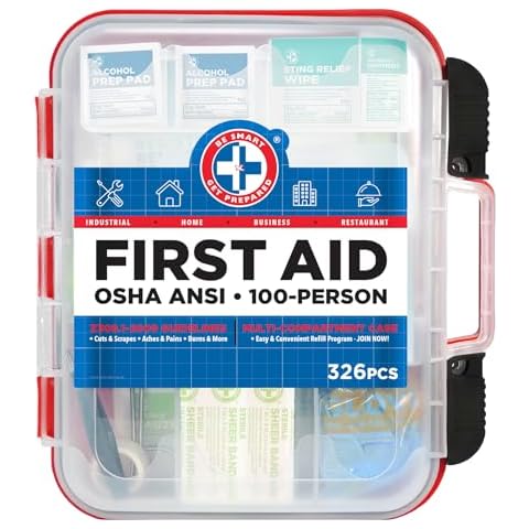 Be Smart Get Prepared First Aid Kit Hard Red Case 326 Pieces Exceeds OSHA and ANSI Guidelines 100 People - Office, Home, Car, School, Emergency, Survival, Camping, Hunting and Sports (20HBC01015REV3) Cover