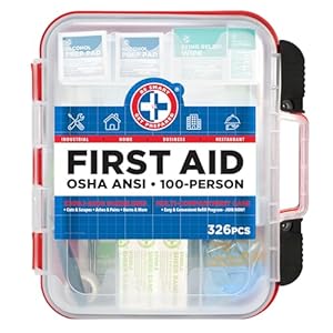 Be Smart Get Prepared First Aid Kit Hard Red Case 326 Pieces Exceeds OSHA and ANSI Guidelines 100 People – Office, Home, Car, School, Emergency, Survival, Camping, Hunting and Sports (20HBC01015REV3)