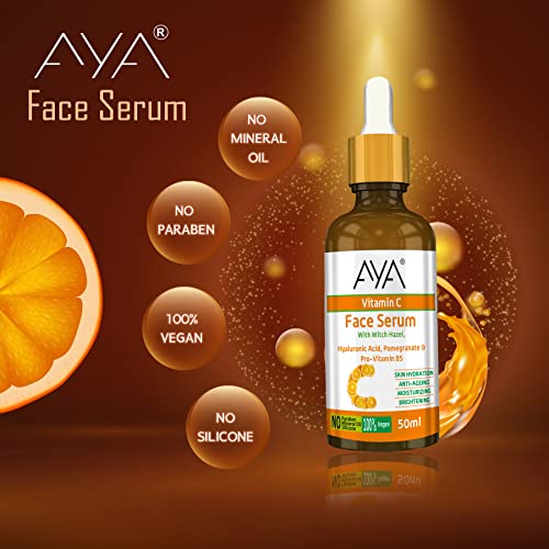 Image of AYA Vitamin C Face Serum for Glowing Skin 50ml | With Hyaluronic Acid, Witch Hazel, Pomegranate & Pro-Vitamin B5 | Brightening, Anti-Ageing, Hydrating & Moisturizing Serum | Vegan, Paraben-Free