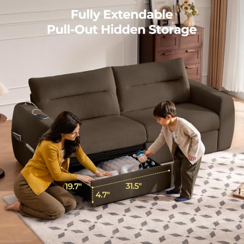 Image of 88.6 inch Modern Storage Loveseat Sofa, Small Couches for Living Room, Brown | Corduroy, USB Charging, Pull-Out Storage, Deep Seat, Comfy Love Seat for Small Spaces, Apartment, Bedroom, Dorm, Office