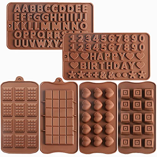 Ocmoiy 6 Pack Chocolate Molds Silicone Candy Molds Set includes Letter Molds, Mini Chocolate Bar Mold, Square Mold, Heart Mold, Break Apart Chocolate Bar Mold