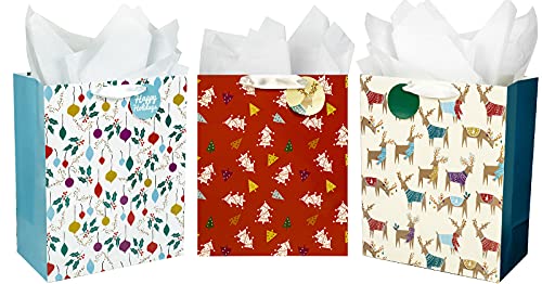 Holijolly Surtido De Bolsas De Grandes De 33 Cm Con Etiquetas De Regalo Mix-N-Match Y Papel Tisú, Reno Y Árbol De Navidad (Paquete De 3) Cover