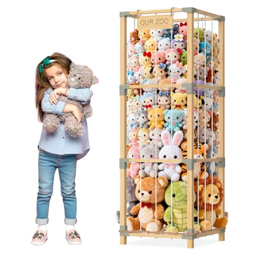 Image of Keeswin 200L Stuffed Animal Zoo Storage, 3-Tier Extra Large Stuffed Animal Holder, Solid Bamboo Plushies Storage Tower with Mesh Pocket and Elastic Cords, Space Saver for Nursery Playroom Bedroom