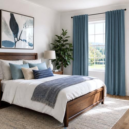 Image of Faux Linen Total Blackout Curtains for Bedroom 90 Inches Long, Stone Blue