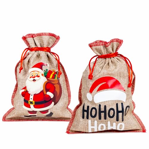 HEKU 2 kleine Jute Weihnachtsgeschenksäcke mit Zugkordel für Nikolaus, 15x21cm I 2 Motive I Wiederverwendbare Nikolaussäcke I Ideal für Weihnachtsgeschenke & Advent