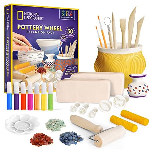 NATIONAL GEOGRAPHIC Pottery Wheel Refill Kit – 2 lbs. Air Dry Clay, 30 Pottery Tools & Accessories, Gemstone Chips, Sculpting Clay Tools, 7 Paints & More, Great Craft Kit for Kids (Amazon Exclusive)