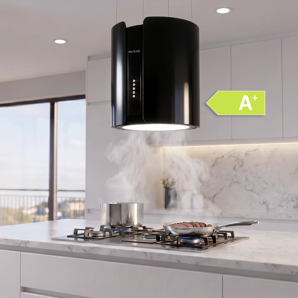 Cecotec Hotte Aspirante d'Îlot Ronde 38 cm Bolero Flux CRE 385500 Black A+. Finition en Acier Noir, Aspiration 591,2 m³/h, Commande par Boutons Électroniques, Filtre à Charbon, Classe A+, Moteur DC