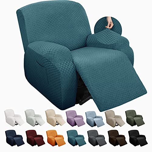 Image of YEMYHOM 4 Pieces Stretch Recliner Slipcover Jacquard Recliner Chair Cover with Side Pocket Anti-Slip Fitted Recliner Cover Couch Furniture Protector with Elastic Bottom (Recliner, Peacock Blue)