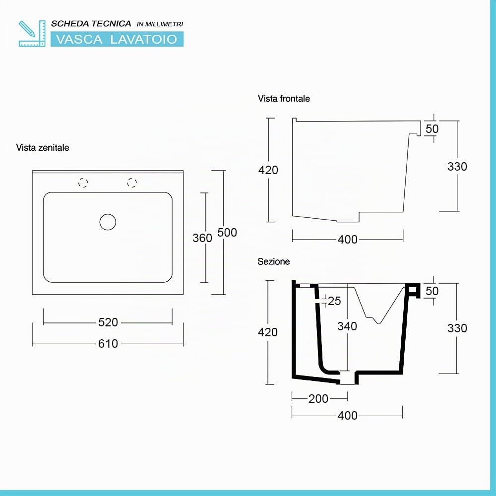 Inbagno Mobile Lavatoio, L.60xP.50xH.86.5, Bianco Lucido, Vasca in Ceramica con profondità 30 cm
