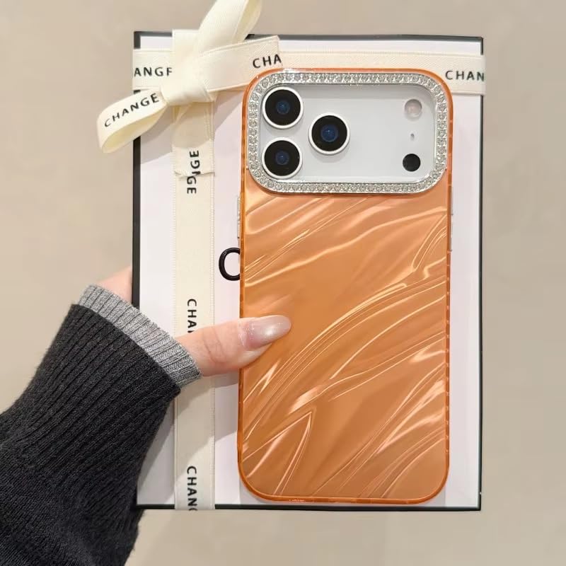 Image of COVERLY for iPhone 17 Hot Diamond Bling Camera Protection Frame Phone Case, Luxury Glossy 3D Laser Cut Water Ripple Mirror Glitter Cute Colorful Shiny Hard Mobile Cover for Apple iPhone 17 (Orange)