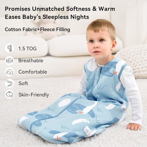 Image of Baby Sleep Sack 0-6 Months 1.5 Tog Baby Wearable Blanket 100% Cotton Fabric Warm Sleeping sack with 2-Way Zipper Quilted for Infant Newborn Tog Blue Duck