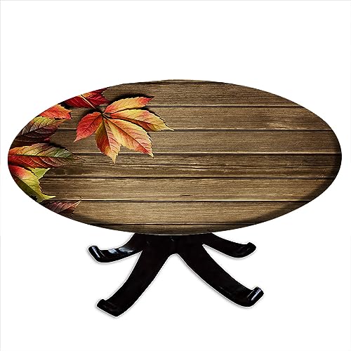 Wood Grain Round Fitted Tablecloth for Dining Room Table, Maple Leaves Elastic Edge Table Cover for Outdoor Picnic Patio Birthday Party or Indoor Table Decor Fits Tables Up to 36'' Diameter