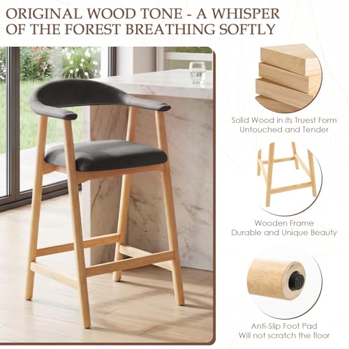 Image of 26 inch Bar Stools Set of 2, Upholstered Counter Stools, Modern Faux Leather Counter Height Bar Chairs with Backs and Arms, Wood Legs and Footrest, for Kitchen Counter, Island, Dining Room, Dark Gray