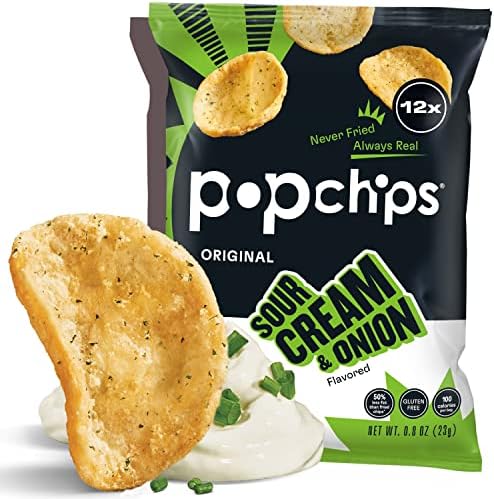 Popchips Potato Chips, Sour Cream & Onion, 12ct Single Serve 0.8oz Bags, Low-Calorie and Gluten Free, Salty Snacks for Adults and Children, Kosher Snack, 100 Calories Per Bag