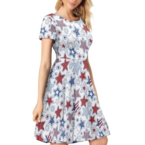 Image of HUGS IDEA Womens Puffy Swing Midi Dress Round Neck Short Sleeve Party A-Line Dresses