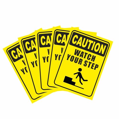 Image of CVANU CAUTION Watch Your Step Warning Safety Self-Adhesive Waterproof PVC Vinyl Sign Sticker Size (11.7inchX8.3inch) Pack of 5