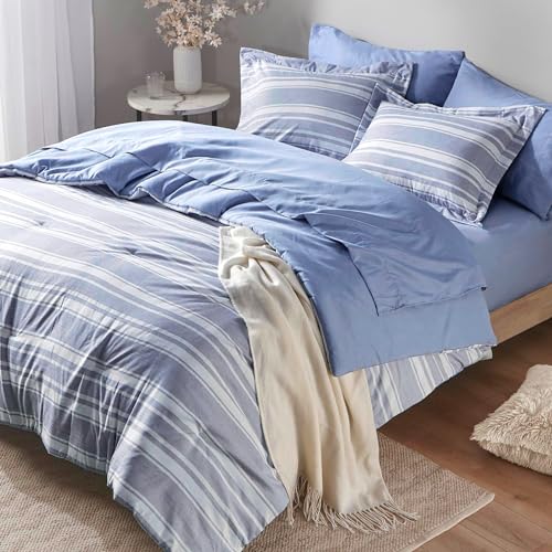 Codi King Size Bedding Comforter Sets with Sheets, Blue White Striped Bed in a Bag Reversible for All Seasons, Modern Cationic Dyeing Bed Sets with 1 Comforter, Sheets, Pillowcases & Shams