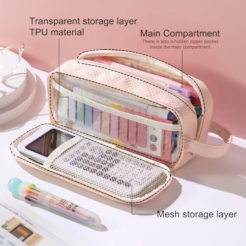 Image of EASTHILL Large Capacity Pencil Case Cute Pencil Pouch with Handle Stationery Pen Bag for Teen Girls-Pink