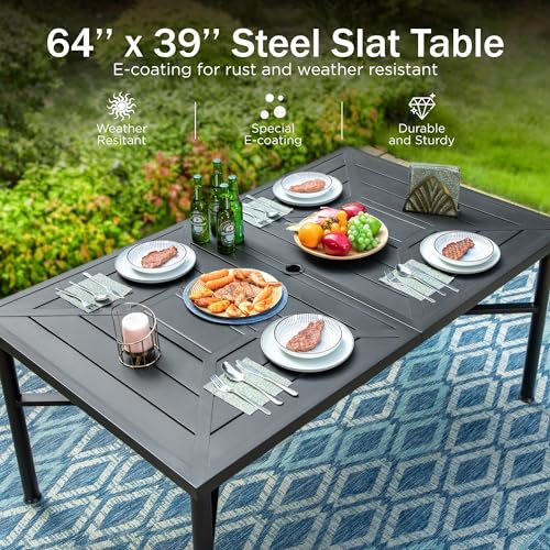 Image of PHI VILLA 7 Pcs Outdoor Dining Set& 64 inch Rectangular | Metal Table w / Umbrella Hole and 6 Stackable Dining Chairs.Perfect for Patio, Garden, Deck, Porch, and Yard