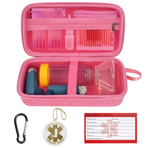 MGZNMTY Travel Carrying Case Compatible with Asthma Inhaler Spacer for Adults and Children Masks Inhaler Holder with Asthma Alert Tag and Medical Card Carabiner (Only Case) (Pink)