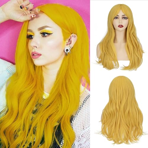 Image of S-noilite Yellow Wig with Bangs for Women 26 inch Long Wavy Cosplay Wig Heat Resistant Synthetic Hair Colorful Anime Costume Wig for Halloween Party