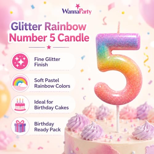 Image of Wanna Party Glitter Colorful 5th Birthday Candle, Number 5 Cake Candle Cake Toppers for Girl Women, Glitter Colorful Themed Party Decorations Supplies Birthday Gifts