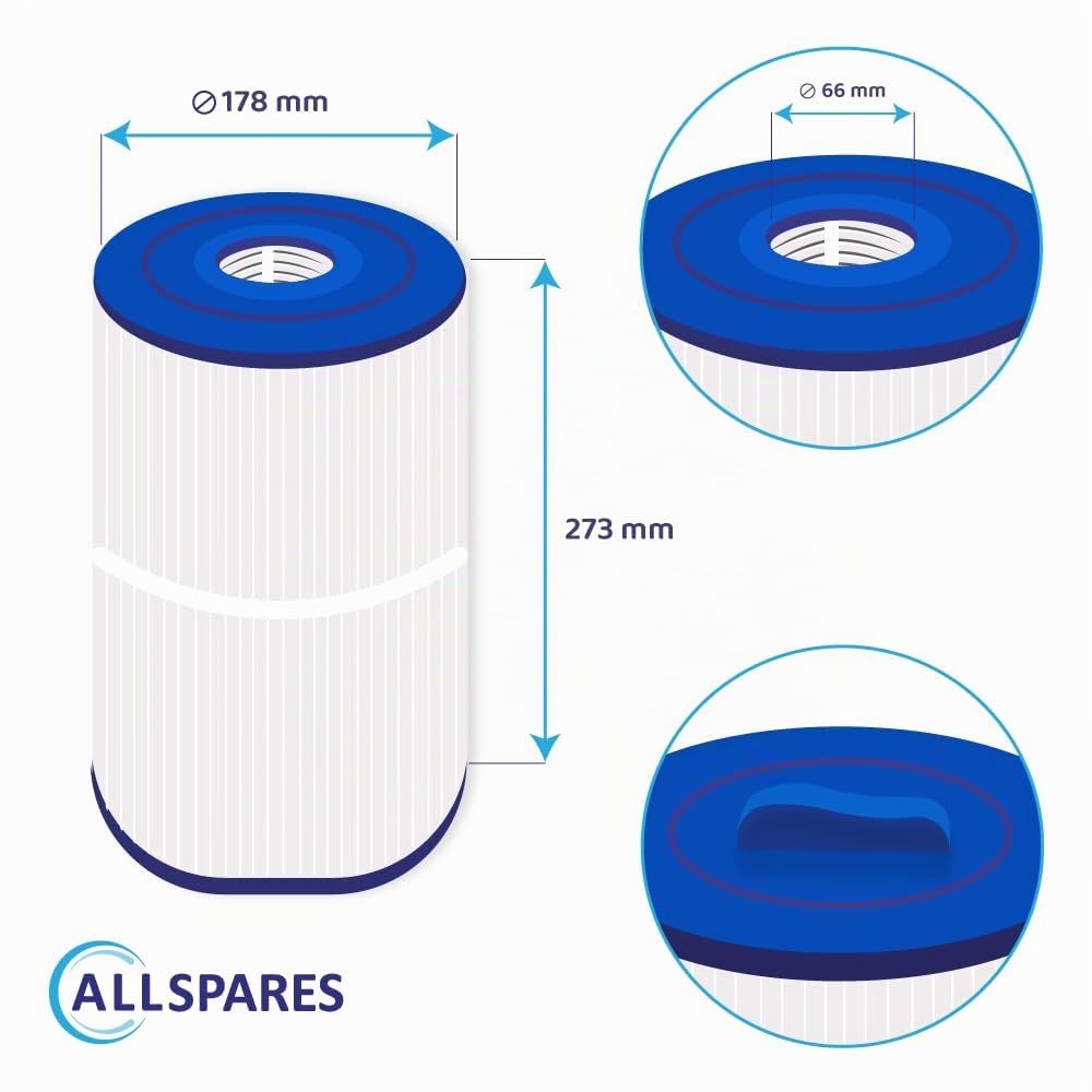 AllSpares Filtre Whirlpool, filtre de piscine, cartouche filtrante spa de rechange pour Caldera PCD50N | Unicel C-7350 | CA50 | 75017 | Kauai 2003 | Martinique 2003 | 178 x 273 mm | Ouverture 66 mm