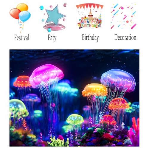 Image of Nuxovilar Neon Ocean Jellyfish Wall Tapestry Polyester 78.74x59.05 In | Glow Poster Trippy Wall Art Marine Decor UV Backdrop Bedroom Lounge Themed Nook Room (Neon Jellyfish Ocean)