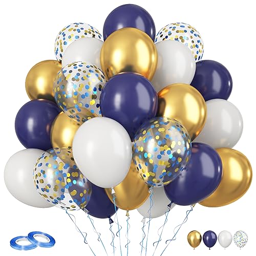 Image of Navy Blue and Gold Balloons, 60Pcs Night Blue Gold Balloons, 12 Inch Metallic Gold Blue Confetti Balloons White Latex Balloons for Boys Birthday Baby Shower Wedding Graduation Party Decorations