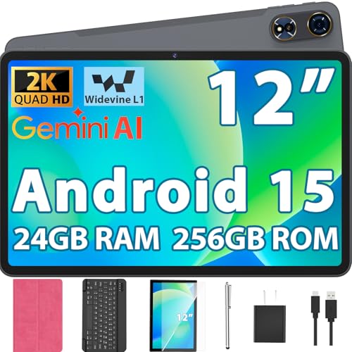 2026 12 Inch Tablet, Android 15 Tablet with Keyboard, 24GB RAM, 256GB ROM, 2TB Expand, 2000x1200 Screen, Octa-Core, 8+16MP Camera, 8000mAh, 5G Wifi, 2K Tablet with Case, Stylus, Mouse (Pink Case)