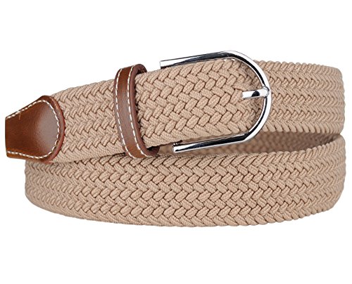 NYFASHION101 Rounded Metal Buckle Brown Inlay Elastic Braided Woven Stretch Belt, Taupe - L