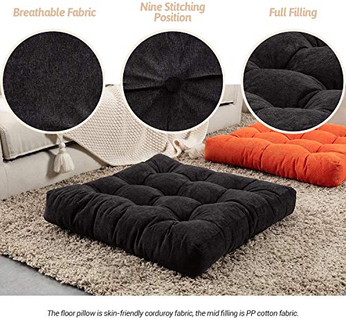 Bilkoivn Square Meditation Pillow For Seating On Floor,Solid Thicken Futon Pillow Seat Tatami Floor Cushion For Yoga Corduroy Chair Pad Adults And Kids,22X22 Inch,Black #TOP2
