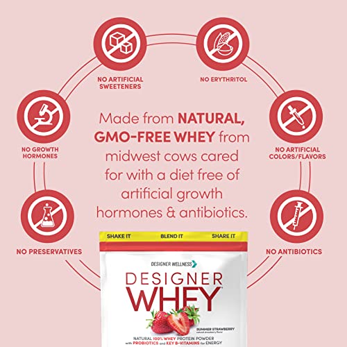 Image of Designer Wellness, Designer Whey, Natural Whey Protein Powder with Probiotics, Fiber, and Key B-Vitamins for Energy, Gluten-Free, Summer Strawberry, 2 lb