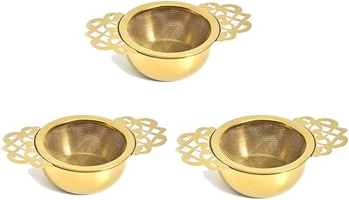 3 coladores de té Gold Empress con cuencos de goteo, infusor de té de malla de acero inoxidable, filtro de té de hojas sueltas con elegantes asas de