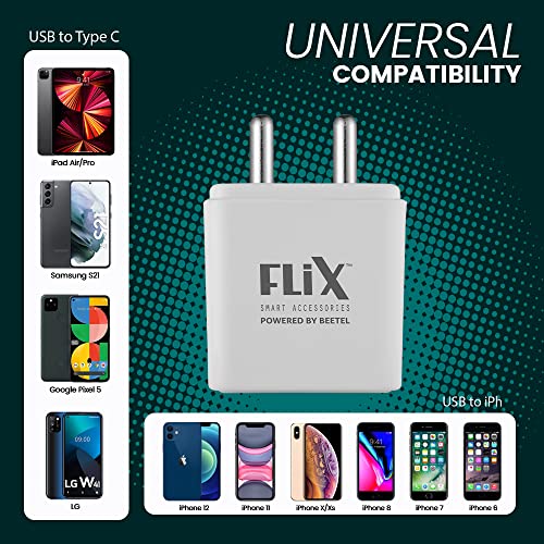 Image of USB Charger,FLiX (Beetel) Bolt 2.4 Dual Poart,5V /2.4A USB Wall Charger Fast Charging, Adapter for Android /iPhone 11 /XS /XS MAX /XR /X /8 /7 /6 /Plus,iPad Pro /Air 2 /Mini 3 /Mini 4,Samsung S4 /S5 /, & More